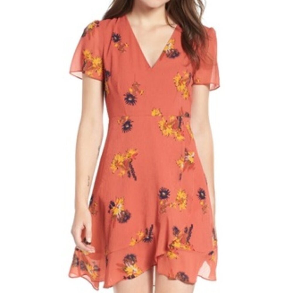 MADEWELL Coral Faux Wrap Posey Cactus Floral Mini Ruffle Dress Fully Lined SZ 4